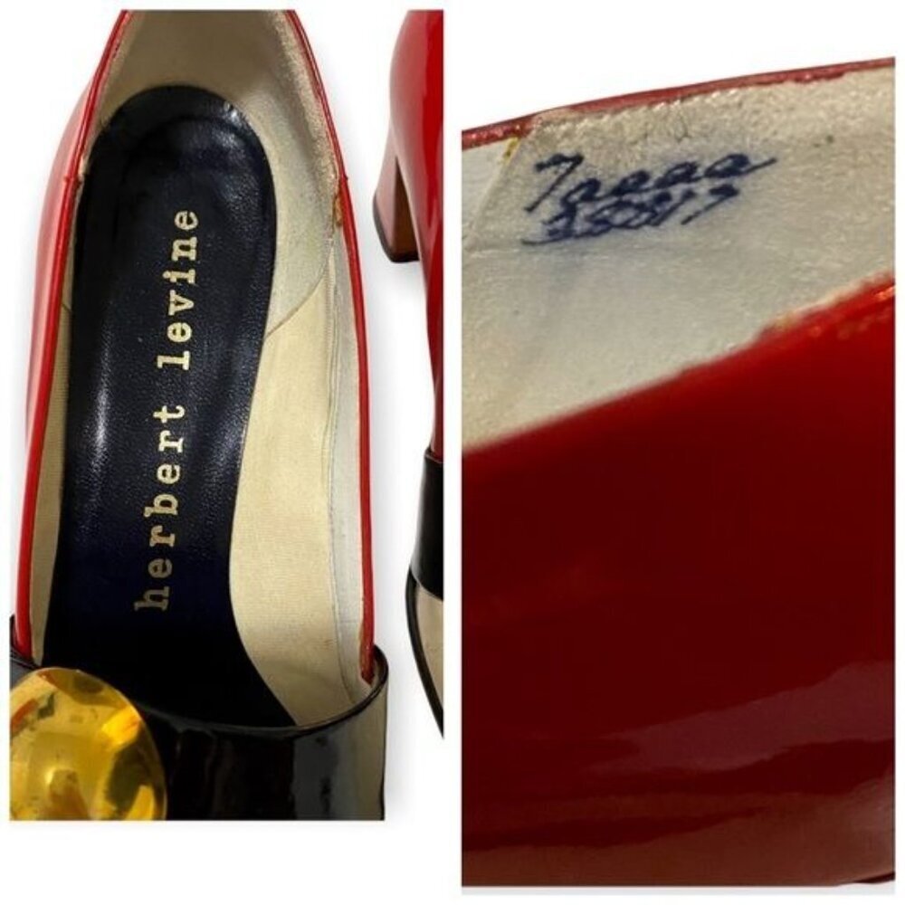 Vintage 1960s Herbert Levine Mod Patent Color Block Pumps Gold Orb Original Box - Picture 9 of 16